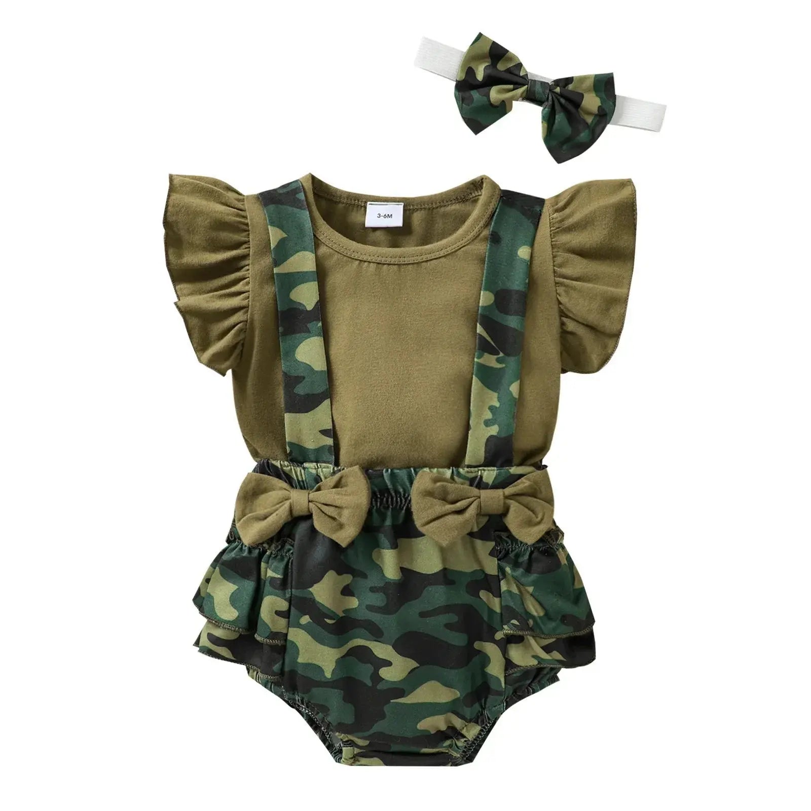 Baby Girls 3-Piece Camo Outfit Set with Sleeveless Romper, Suspender Shorts, and Bow Headband