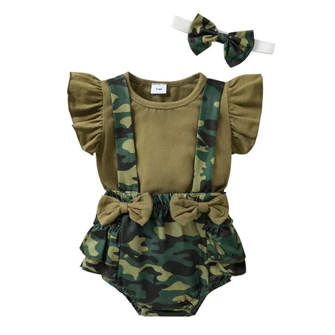 Baby Girls 3-Piece Camo Outfit Set with Sleeveless Romper, Suspender Shorts, and Bow Headband