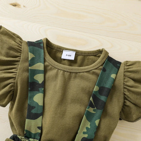 Baby Girls 3-Piece Camo Outfit Set with Sleeveless Romper, Suspender Shorts, and Bow Headband