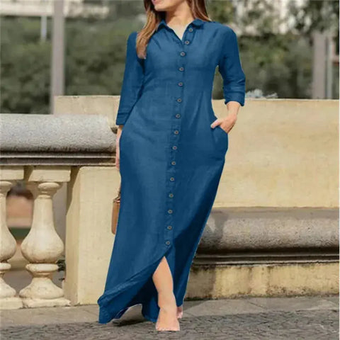 Women's Casual Denim Long Sleeved Dress with Lapel Buttons, Elegant and Loose Fitting Women's Fashionable Denim Long Dress