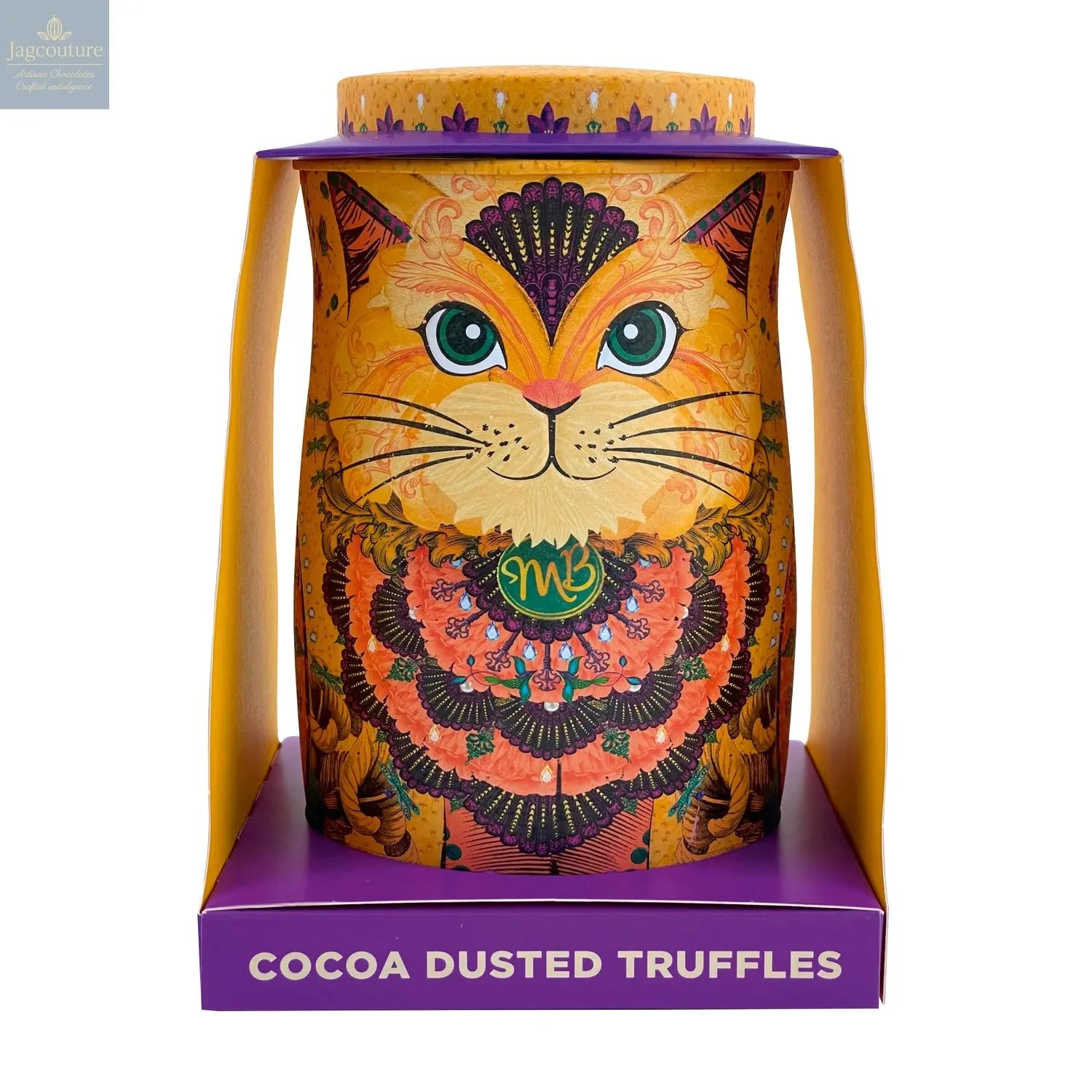 Savanna gold cat tin of Flutter Scotch flavoured cocoa dusted truffles with butterscotch chips - Jag Couture Chocolates