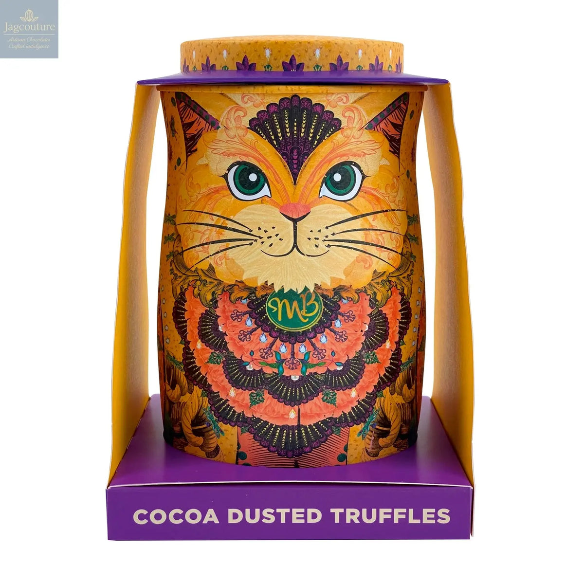 Savanna gold cat tin of Flutter Scotch flavoured cocoa dusted truffles with butterscotch chips - Jag Couture Chocolates