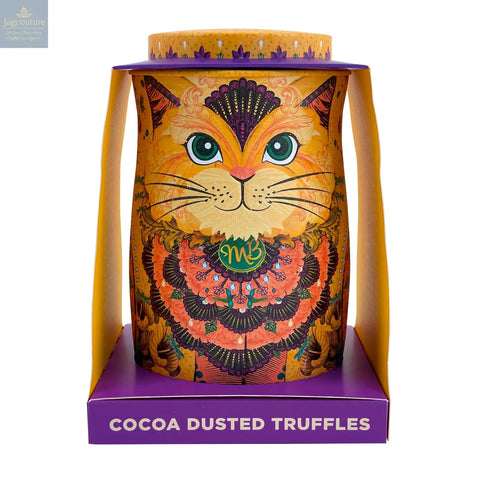 Savanna gold cat tin of Flutter Scotch flavoured cocoa dusted truffles with butterscotch chips - Jag Couture Chocolates
