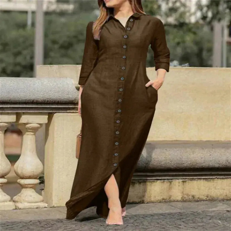 Women's Casual Denim Long Sleeved Dress with Lapel Buttons, Elegant and Loose Fitting Women's Fashionable Denim Long Dress