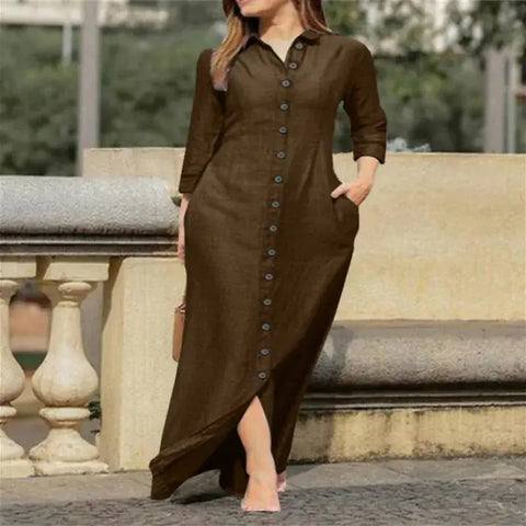 Women's Casual Denim Long Sleeved Dress with Lapel Buttons, Elegant and Loose Fitting Women's Fashionable Denim Long Dress