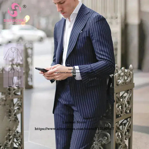 Navy pinstripe mens wedding tuxedos double breasted peaked lapel groom wear