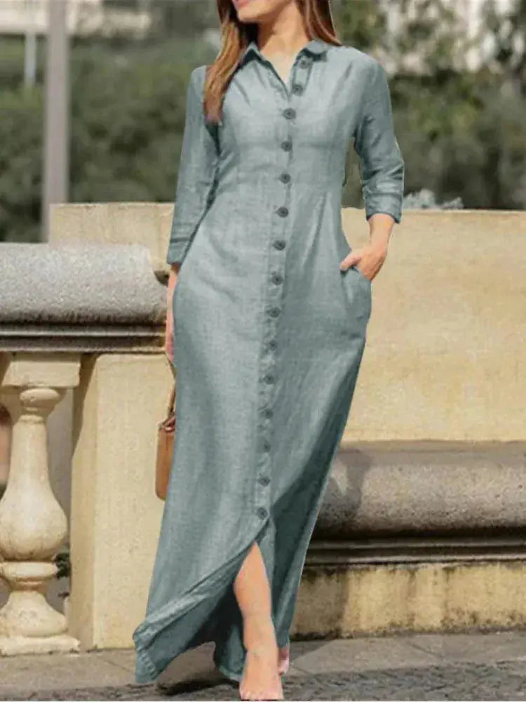 Women's Casual Denim Long Sleeved Dress with Lapel Buttons, Elegant and Loose Fitting Women's Fashionable Denim Long Dress