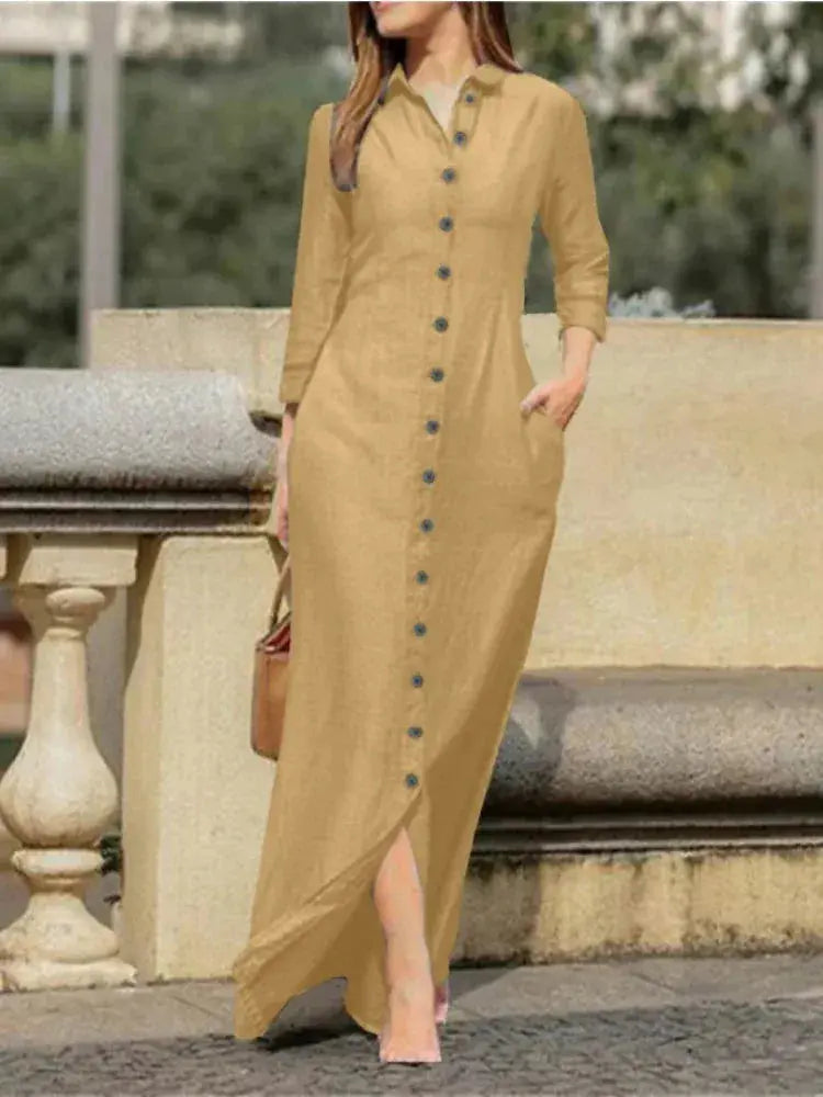 Women's Casual Denim Long Sleeved Dress with Lapel Buttons, Elegant and Loose Fitting Women's Fashionable Denim Long Dress