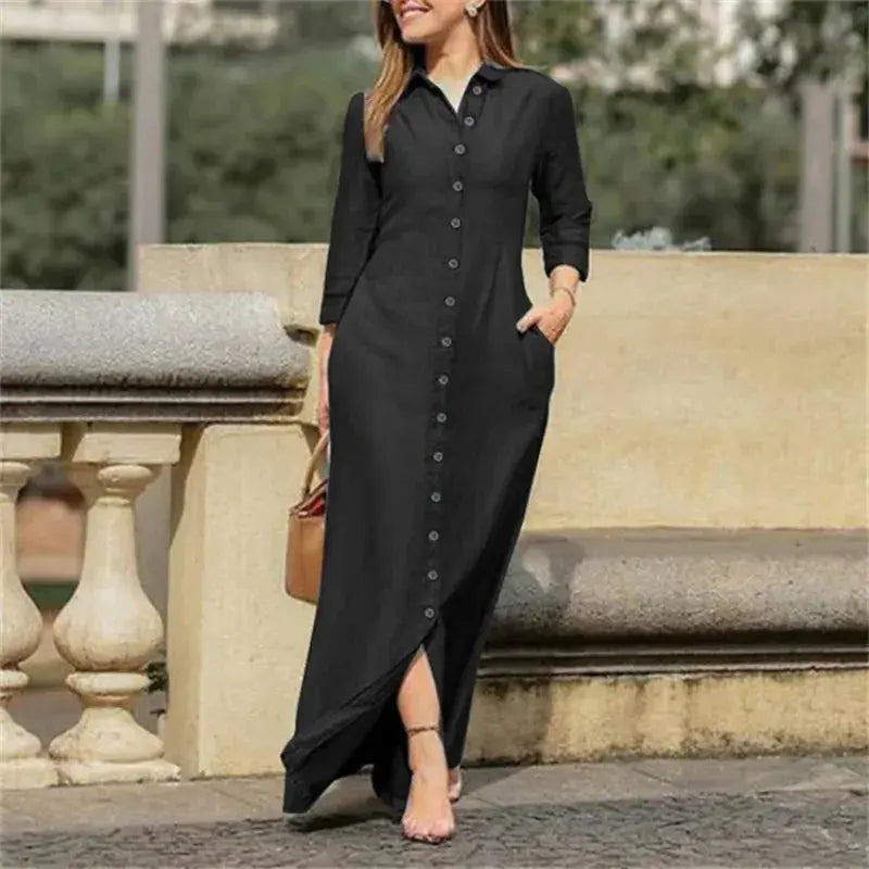 Women's Casual Denim Long Sleeved Dress with Lapel Buttons, Elegant and Loose Fitting Women's Fashionable Denim Long Dress