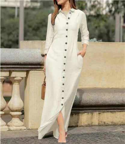 Women's Casual Denim Long Sleeved Dress with Lapel Buttons, Elegant and Loose Fitting Women's Fashionable Denim Long Dress