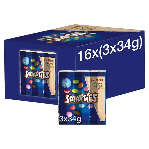 Smarties Milk Chocolate Tube 3 Pack Multipack 102g (Case of 16)