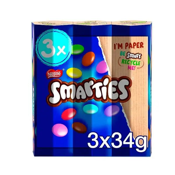 Smarties Milk Chocolate Tube 3 Pack Multipack 102g (Case of 16)