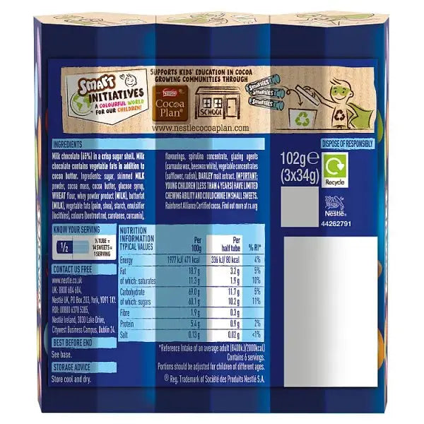 Smarties Milk Chocolate Tube 3 Pack Multipack 102g (Case of 16)