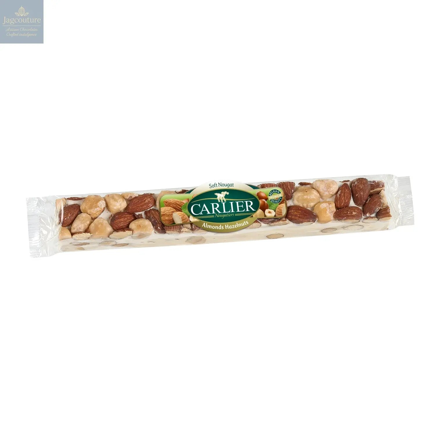 Soft almond and hazelnut wrapped nougat bar in display box Jag Couture Chocolates