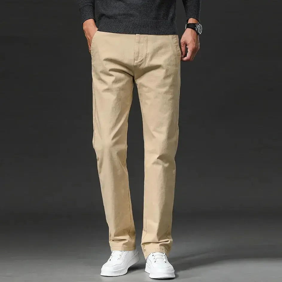 Spring Men's Casual Pants - Straight Fit Cotton Stretch Chino Trousers for Work and Business Wear - Khaki Fashion Regular