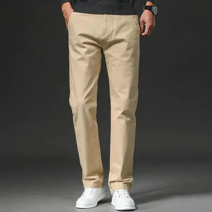 Spring Men's Casual Pants - Straight Fit Cotton Stretch Chino Trousers for Work and Business Wear - Khaki Fashion Regular