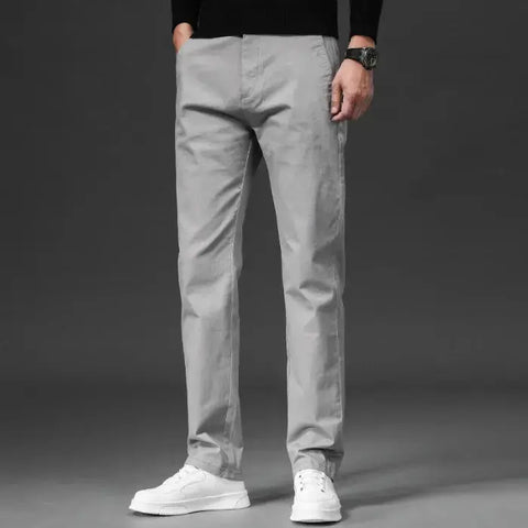 Spring Men's Casual Pants - Straight Fit Cotton Stretch Chino Trousers for Work and Business Wear - Khaki Fashion Regular