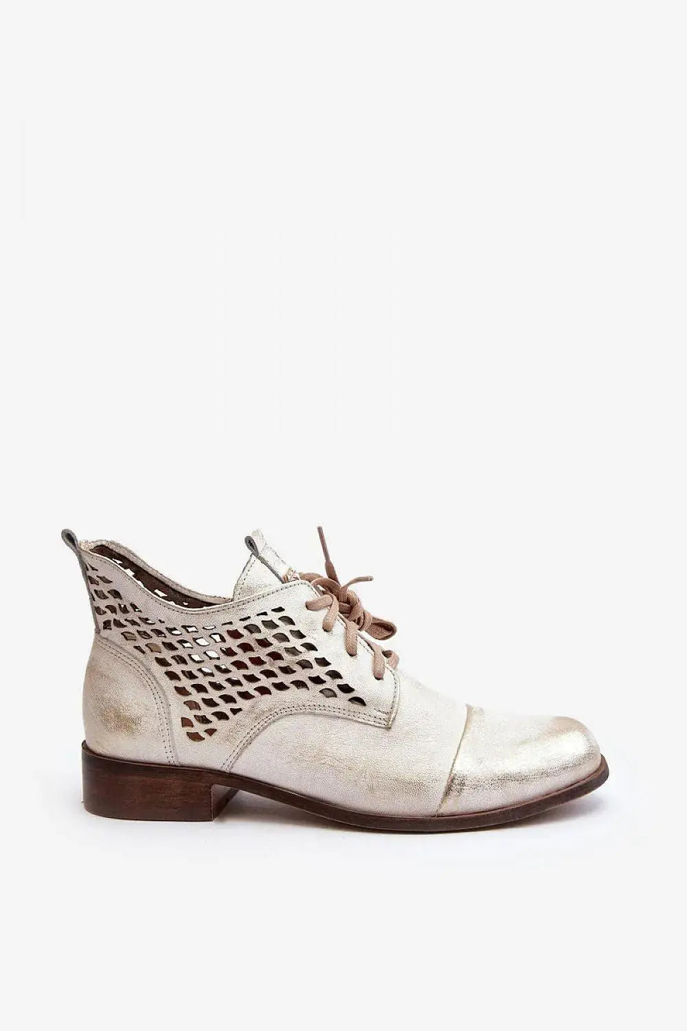 Step in style Women's natural suede boots with a low, openwork.