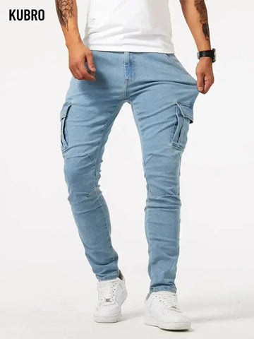 Men's Elastic Denim Cargo Pants – Multi-Pocket Slim Fit Joggers