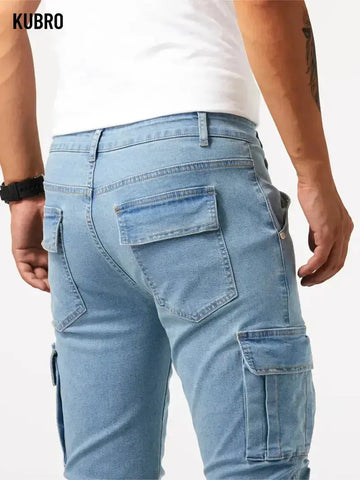 Men's Elastic Denim Cargo Pants – Multi-Pocket Slim Fit Joggers