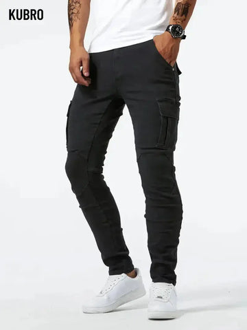 Men's Elastic Denim Cargo Pants – Multi-Pocket Slim Fit Joggers