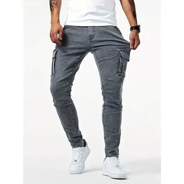 Men's Elastic Denim Cargo Pants – Multi-Pocket Slim Fit Joggers