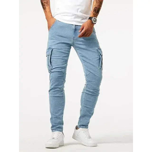 Men's Elastic Denim Cargo Pants – Multi-Pocket Slim Fit Joggers