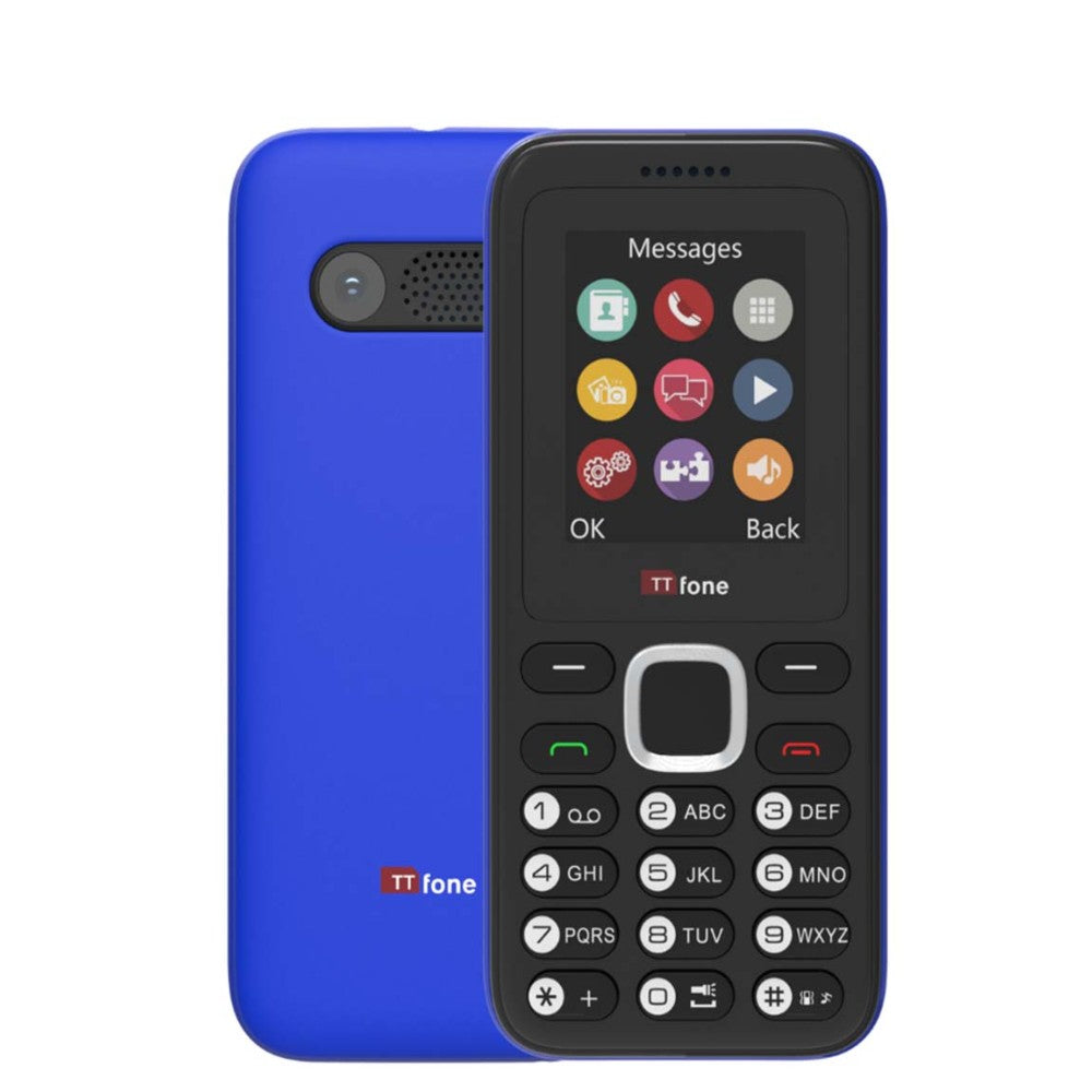 TTfone TT150 Unlocked Basic Mobile Phone UK Sim Free, Long Battery Life, Dual Sim with camera and games, easy to use, durable and light weight pay as you go - Blue with USB Cable