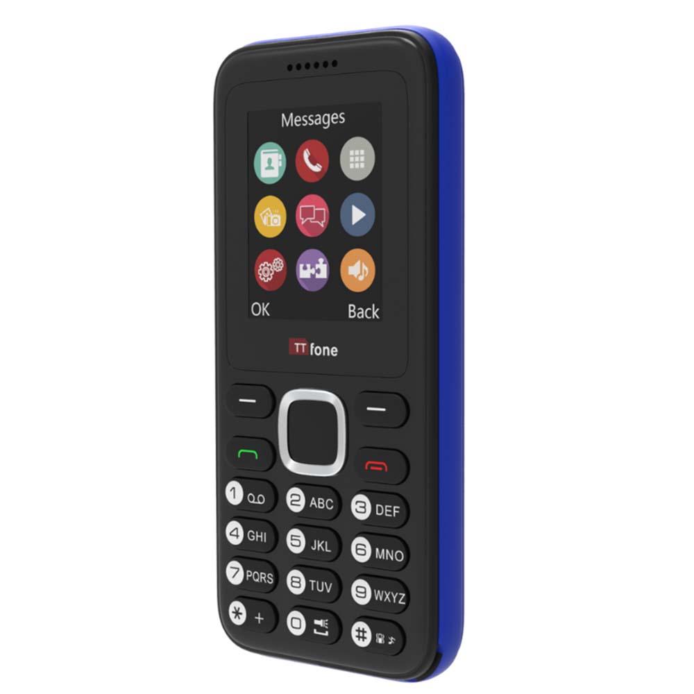 TTfone TT150 Unlocked Basic Mobile Phone UK Sim Free, Long Battery Life, Dual Sim with camera and games, easy to use, durable and light weight pay as you go - Blue with USB Cable