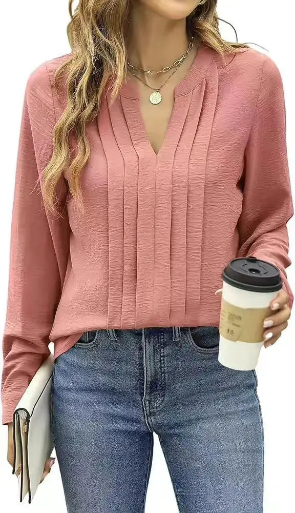 Temperament Commute Long Sleeve Solid Color Sweet Top Women's V-neck Design