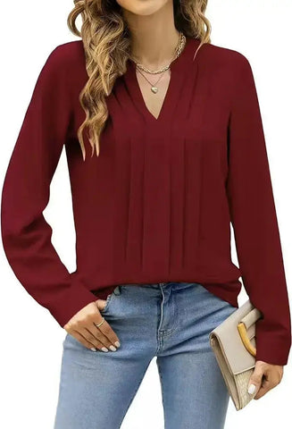 Temperament Commute Long Sleeve Solid Color Sweet Top Women's V-neck Design