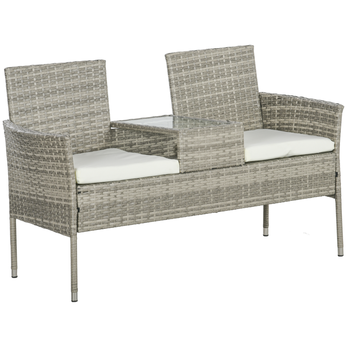 Outsunny Rattan Garden Bench w/ Glass Tea Table, Wicker Chair w/ Cushions, Grey