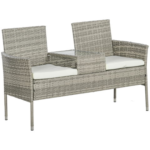 Outsunny Rattan Garden Bench w/ Glass Tea Table, Wicker Chair w/ Cushions, Grey