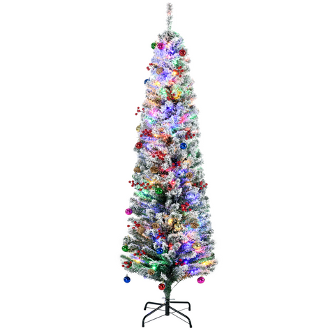 HOMCOM 6' Artificial Christmas Tree with Flocked Tips, LED Lights, Decoration