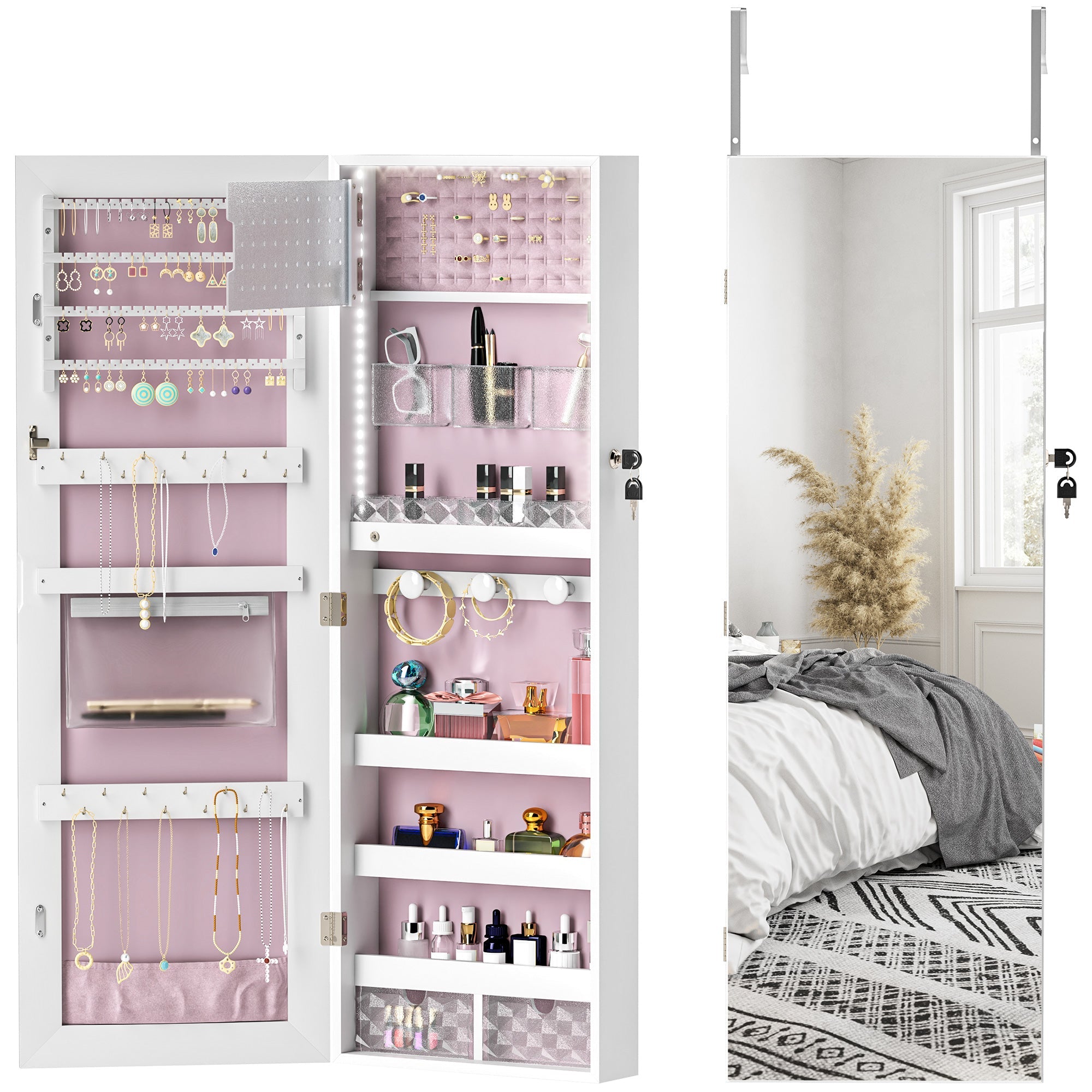 HOMCOM Door Hanging or Wall Mounted Jewellery Cabinet w/ Mirror Black Lining