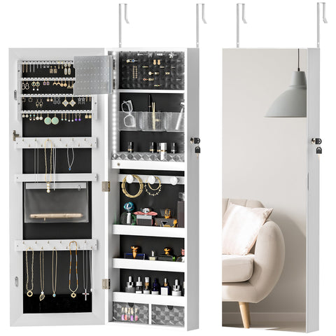 HOMCOM Door Hanging or Wall Mounted Jewellery Cabinet w/ Mirror Black Lining