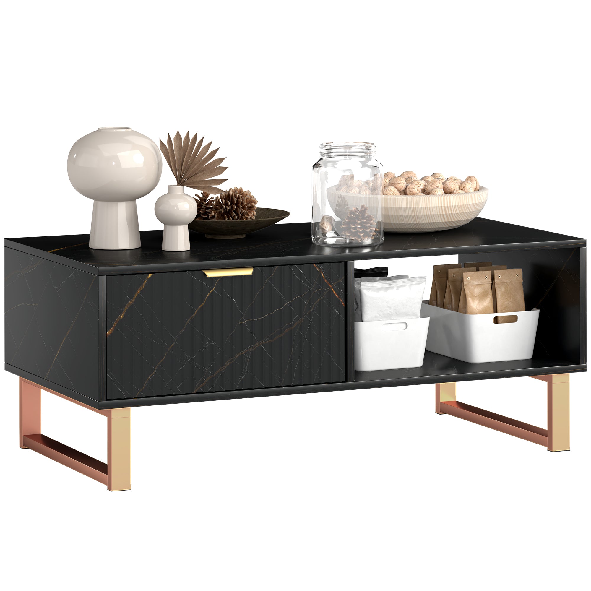HOMCOM Coffee Table, Living Room Table with Drawer and Open Shelves