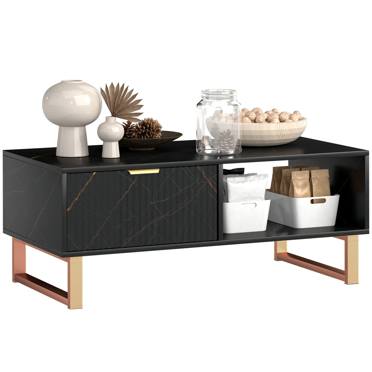 HOMCOM Coffee Table, Living Room Table with Drawer and Open Shelves