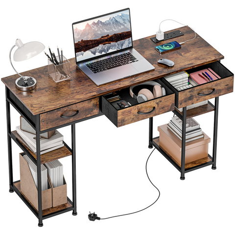 HOMCOM Computer Writing Desk with Power Outlets, Drawers, Shelves