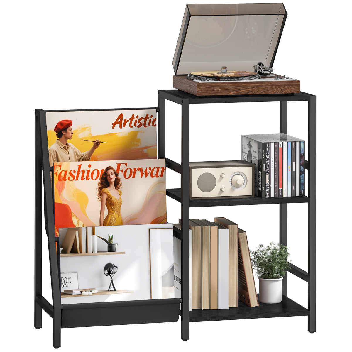 HOMCOM Record Player Stand, 3-Tier Side Table with Vinyl Record Storage