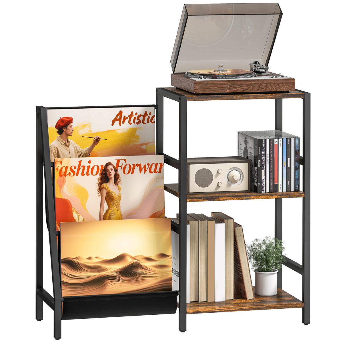 HOMCOM Record Player Stand, 3-Tier Side Table with Vinyl Record Storage