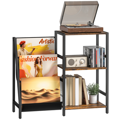 HOMCOM Record Player Stand, 3-Tier Side Table with Vinyl Record Storage