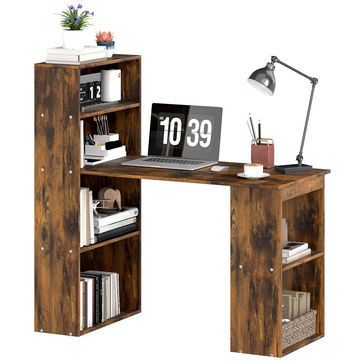HOMCOM 120cm Computer Desk Bookshelf Writing Table 6 Shelves Brown