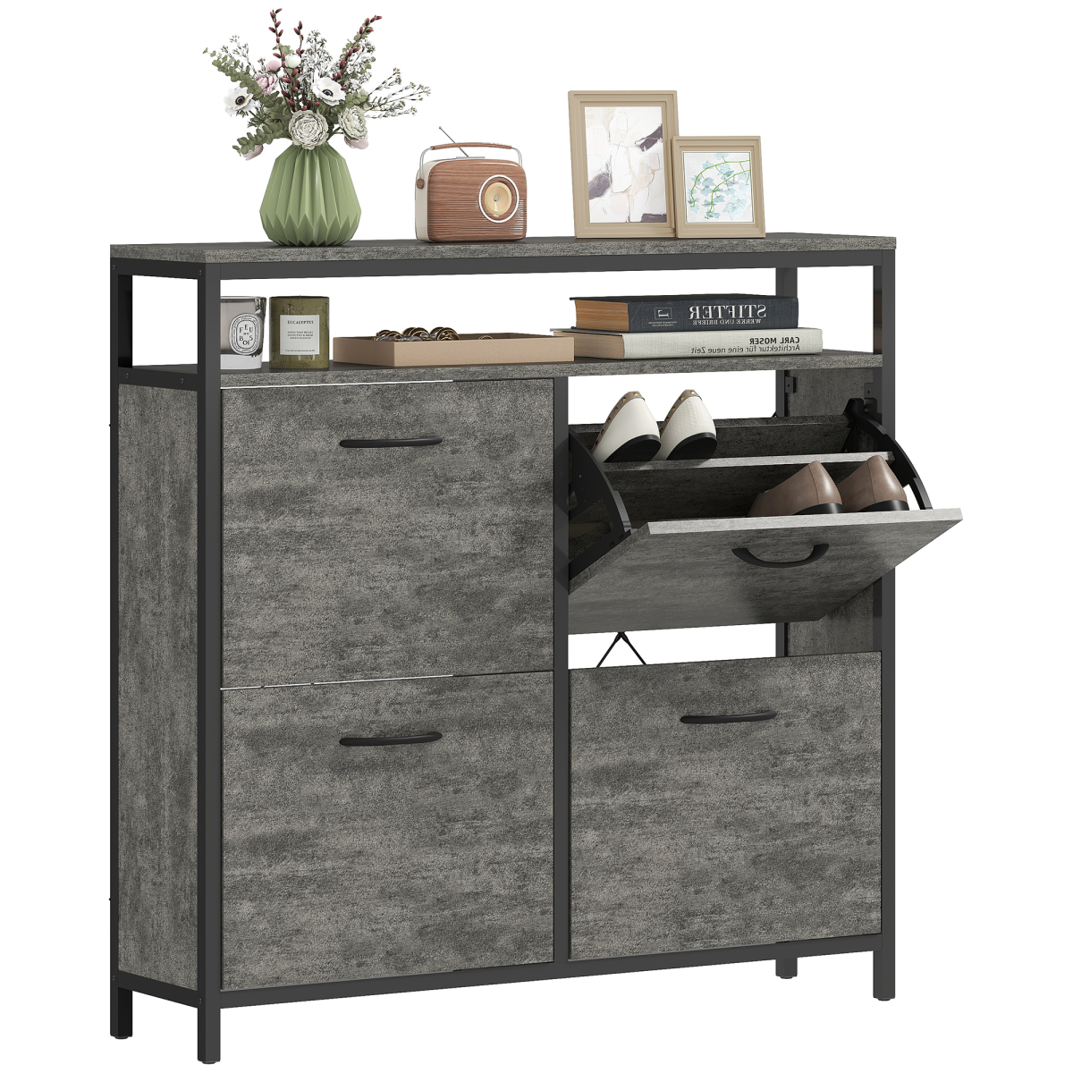 HOMCOM Shoe Cabinet with 4 Flip Drawers, Holds 12-20 Pairs, Cement Grey