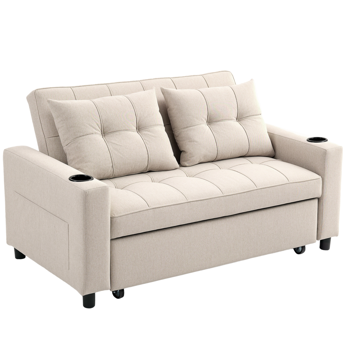 HOMCOM 2 Seater Pull Out Sofa Bed with Pockets for Living Room Beige