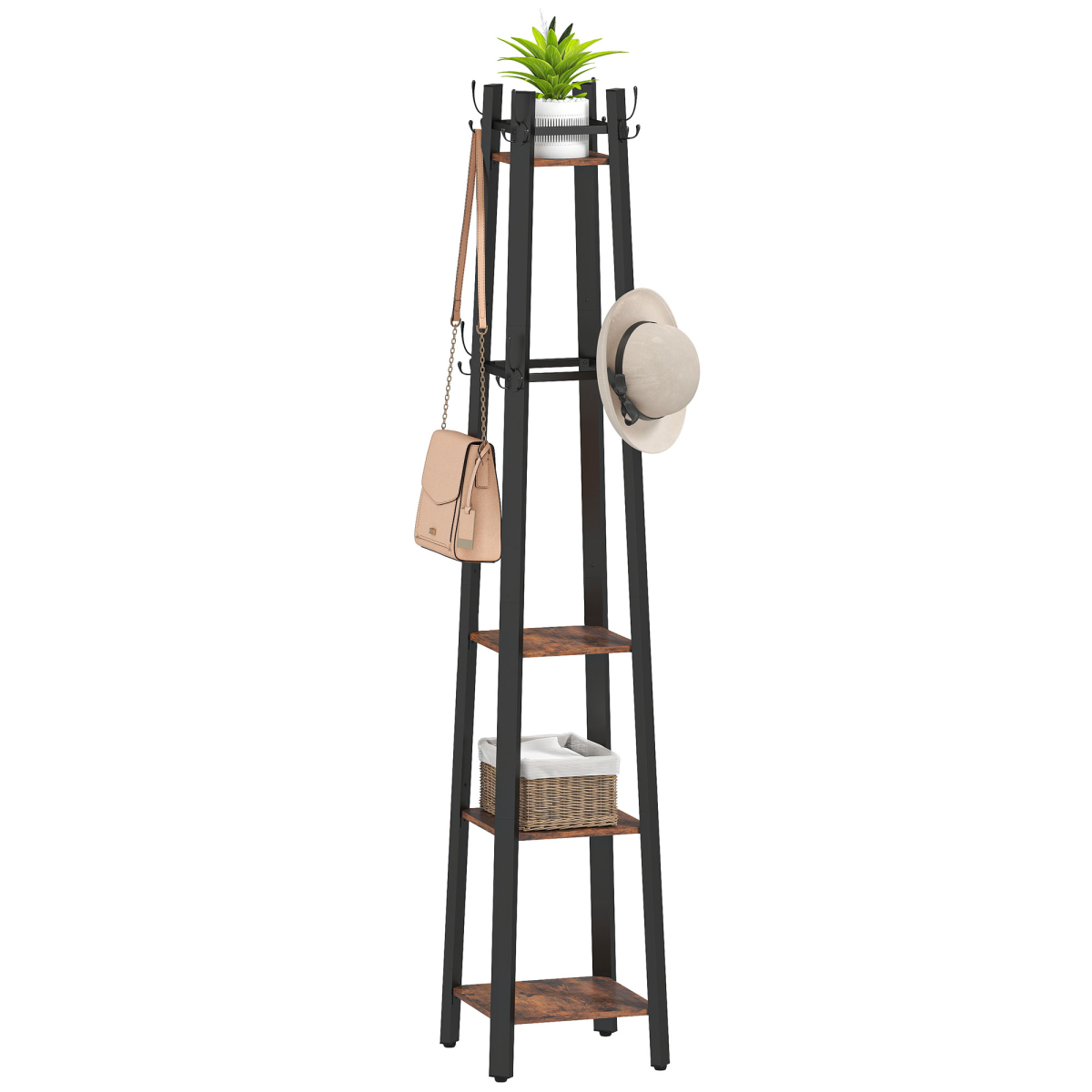 HOMCOM Industrial Coat Stand with Storage Shelves and Hooks