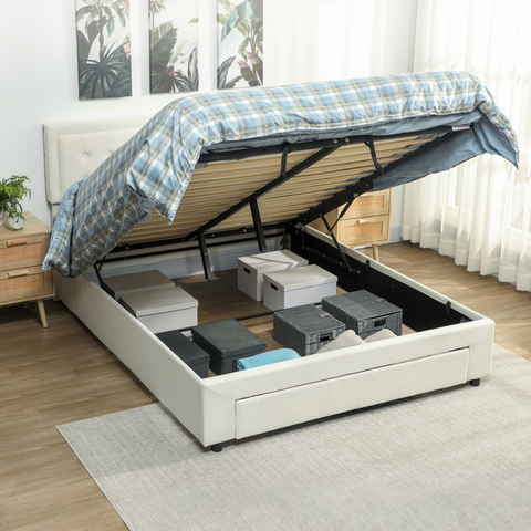 HOMCOM King Size Bed Frame with Storage and Adjustable Headboard