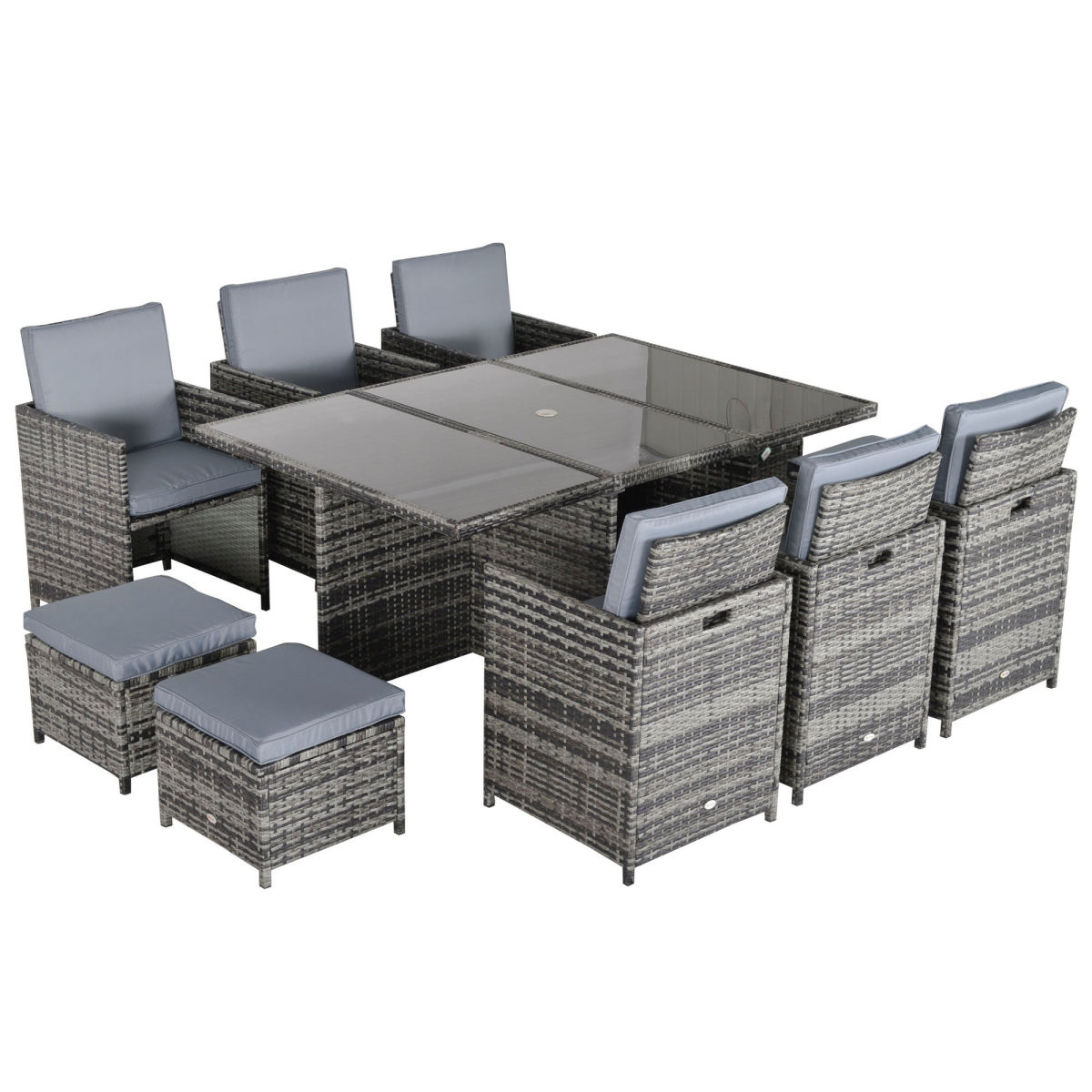 11pc Rattan Garden Dining Set 10 Cube Sofa 6 Chairs 4 Footrests & 1 Table