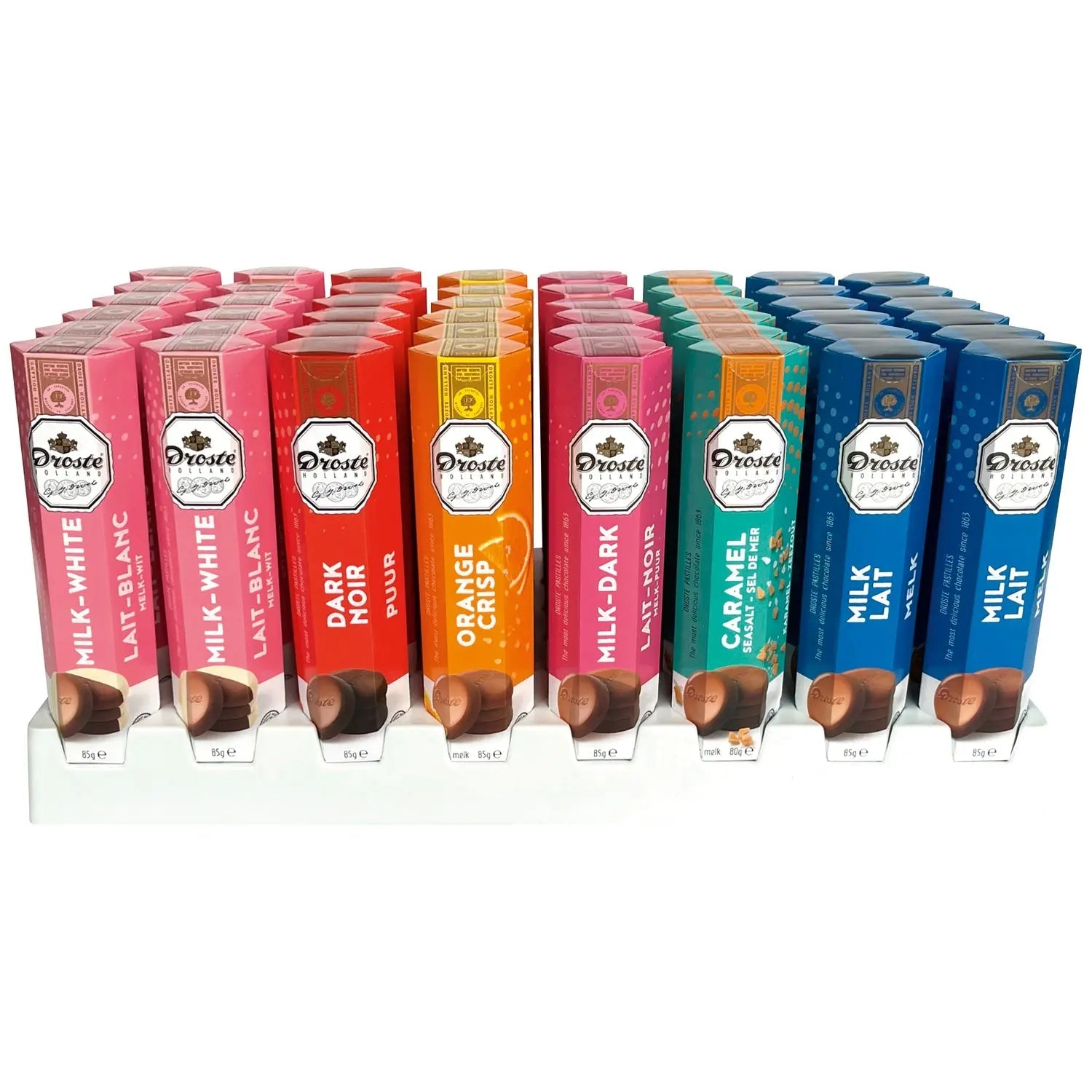 Display of assorted chocolate pastilles in tube