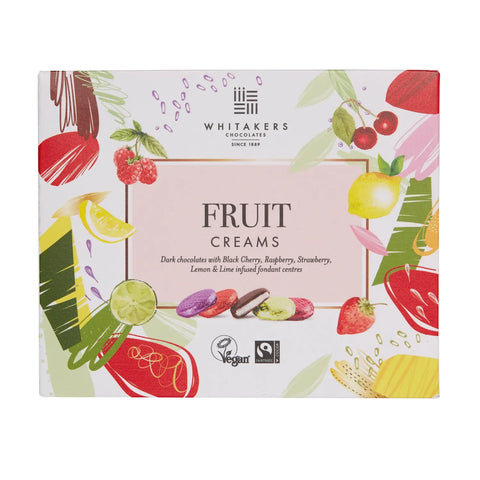 Whitakers foiled dark chocolate fruit creams in carton - black cherry, raspberry, strawberry, lemon & lime Jag Couture Chocolates
